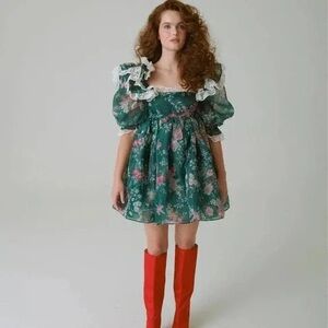 Selkie Green Gables Sugarfrill Puff Dress - Floral Dress with White Lace Trim